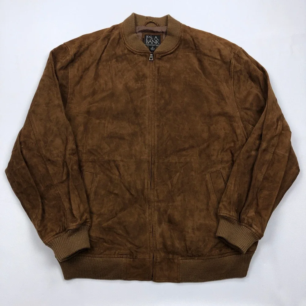 Jos A Bank Mens Brown Genuine Leather Suede Bomber Jacket Medium Full Zip Ribbed